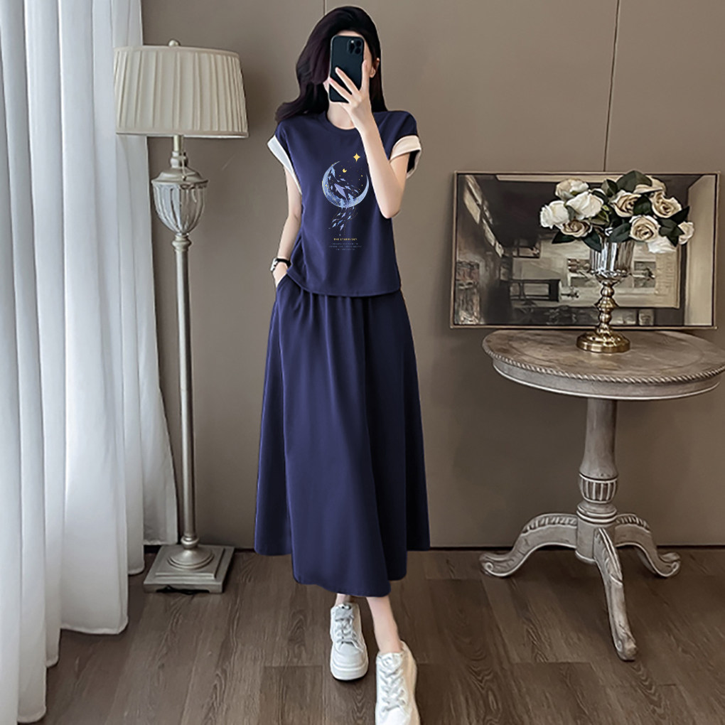 欧货大码女裙套装夏季拼接拼色短袖印花T恤上衣口袋半身裙两件套