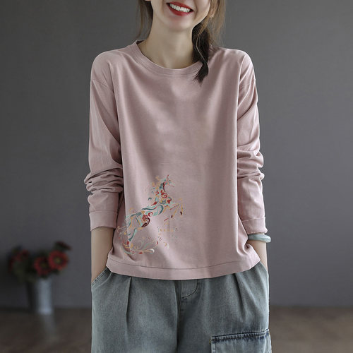 纯棉长袖T恤上衣女宽松马年打底