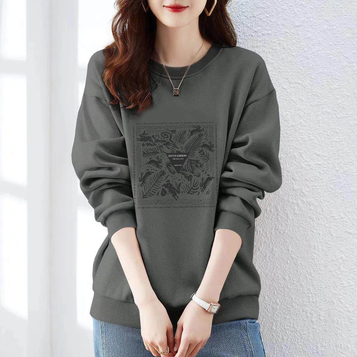 纯棉卫衣新款复古秋冬季时尚简约圆领宽松百搭套头长袖外套女上衣