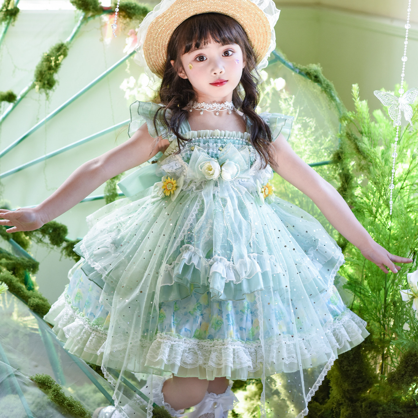 女童洛丽塔公主裙夏季2026新款绿色花朵蓬蓬连衣裙超仙梦幻儿童裙