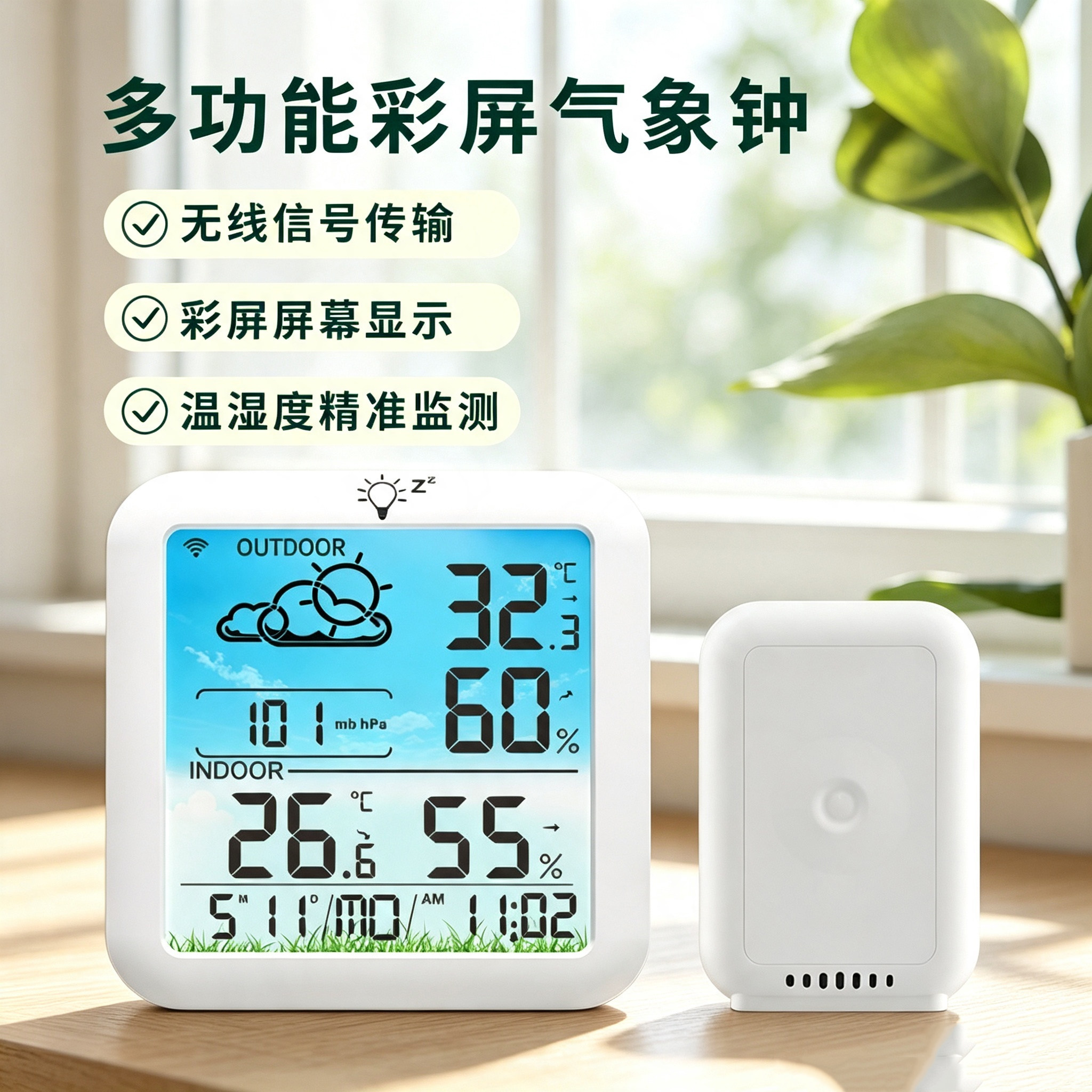 无线温度计室内外双显高精度电子温湿度计家用壁挂闹钟大屏显示