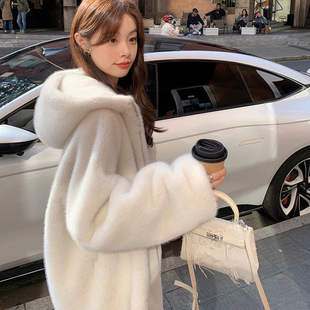 今年流行特惠【矜贵千金】环保水貂毛中长款皮草外套女冬连帽皮毛