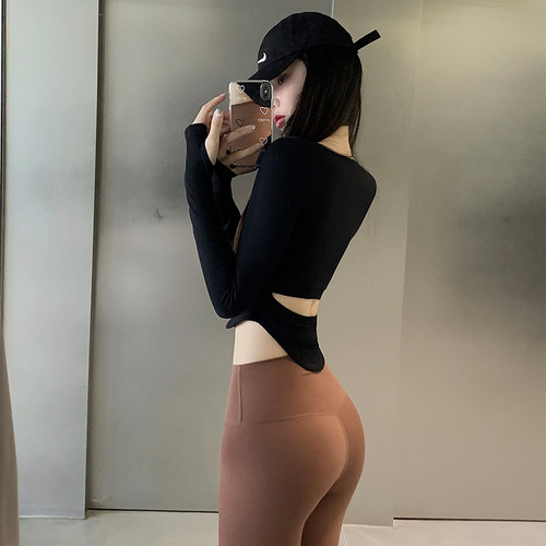 瑜伽服下摆弧度健身长袖运动上衣