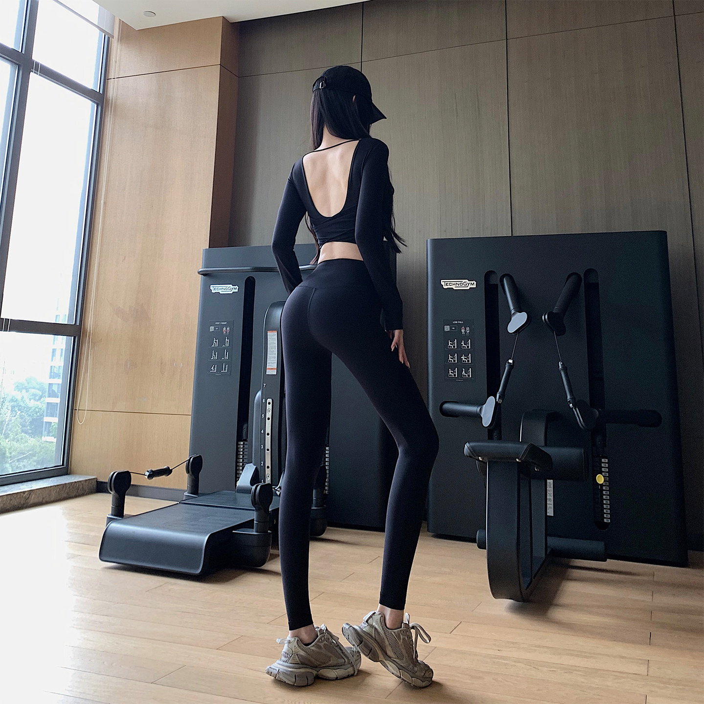 JumpingCat后背镂空长袖双面磨毛蜜桃紧身瑜伽服套装健女身两件套