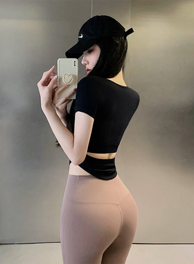 JumpingCat健身短袖修身显瘦透气运动T恤跑步训练普拉提瑜伽上衣