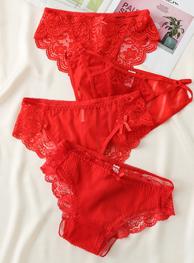 本命年女士内裤女蕾丝马年大红色结婚低腰短裤性感纯棉裆三角裤头
