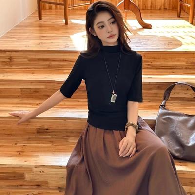 纯情又性感韩女时尚套装两件套半高领中袖掐腰T恤灰色A字半身裙女