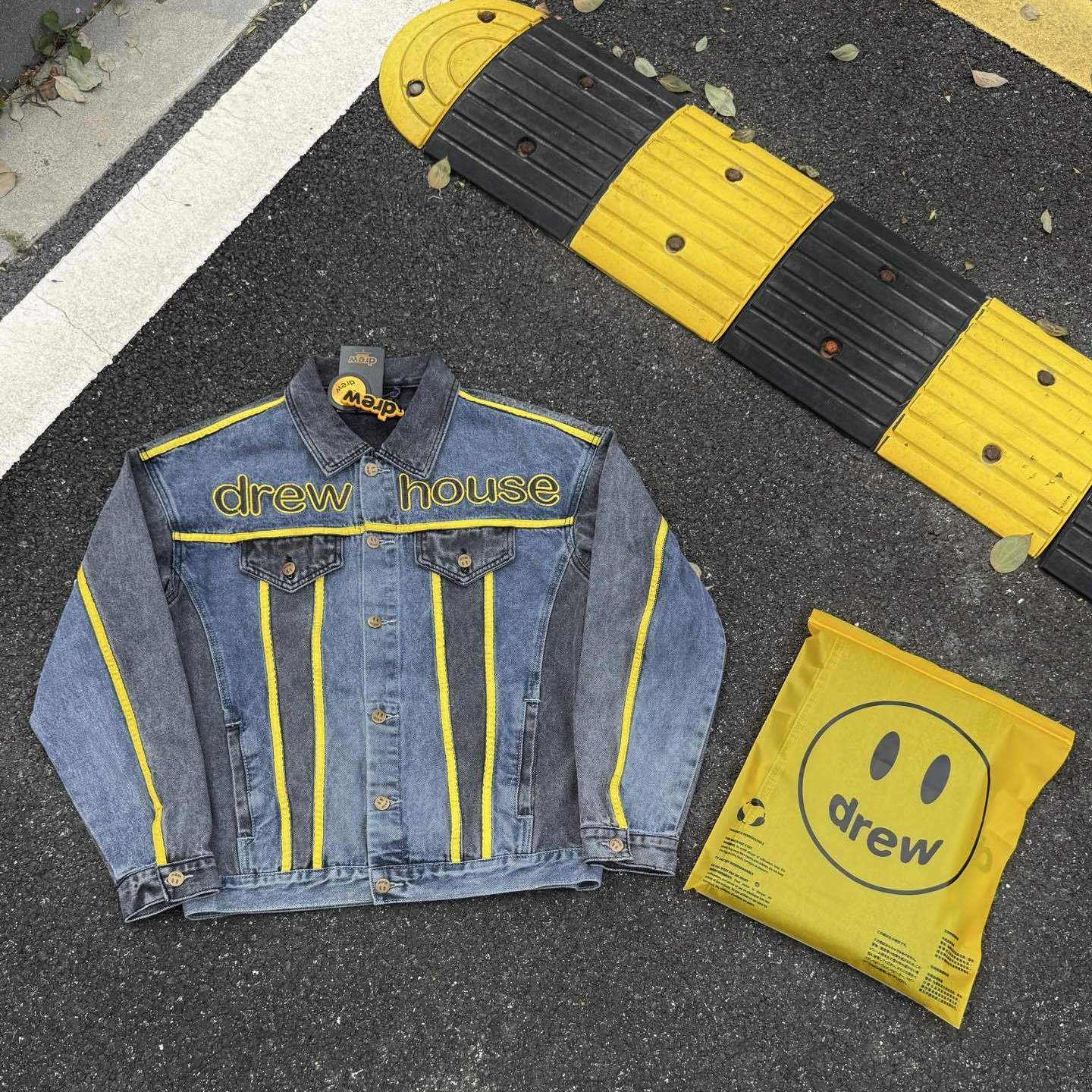 Drew houes 笑脸比伯同款大笑脸黄边拼接logo情侣款牛仔牛仔外套