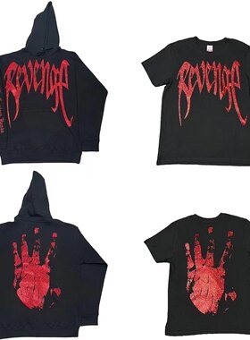 Revenge 23新款 闪粉logo短袖红色手印美式宽松T恤