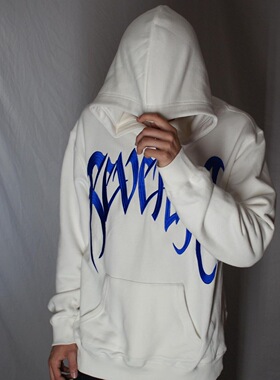 revenge 蓝色刺绣套头卫衣 胸前万针绣logo加绒加厚连帽衫HOODIE