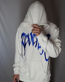 revenge 蓝色刺绣套头卫衣 胸前万针绣logo加绒加厚连帽衫HOODIE