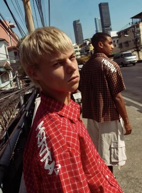 Mertra美式街头后背字母logo格子纽扣衬衫嘻哈休闲男女短袖衬衣