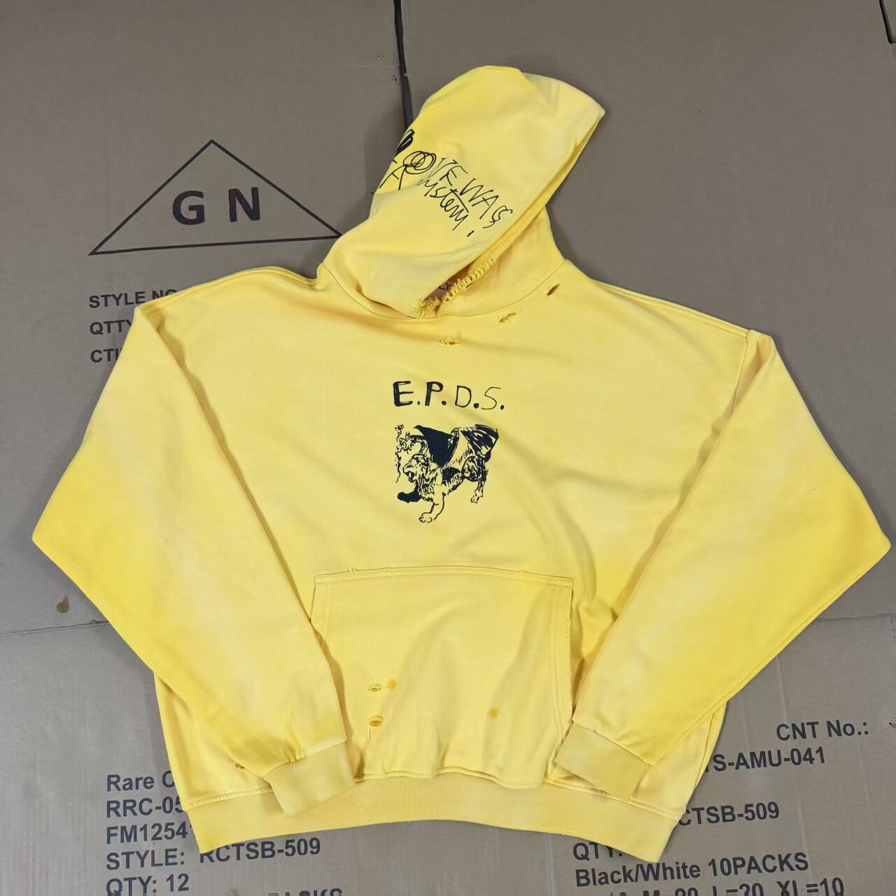 Paly Hollywood E.P.D.S 黄色水洗破坏涂鸦连帽美式oversize帽衫