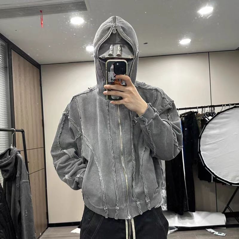 THUG CLUB水洗做旧鲨鱼蒙面连帽衫朴宰范高街废土风开衫卫衣外套