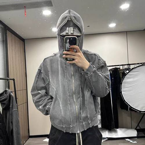 THUG CLUB水洗做旧鲨鱼蒙面连帽衫朴宰范高街废土风开衫卫衣外套