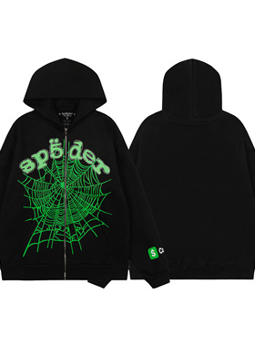 高版本SP5DER绿色蜘蛛网发泡印花字母拉链开衫西海岸帽衫