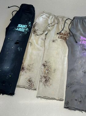 现货SSSAINT LOUIS 泼墨做脏旧直筒休闲裤 男女同款