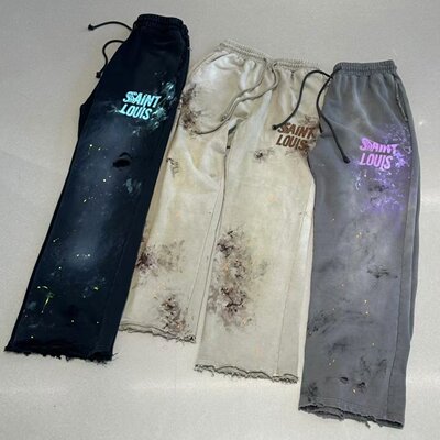 现货SSSAINT LOUIS 泼墨做脏旧直筒休闲裤 男女同款