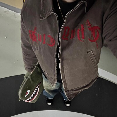 Thugclub联名刺绣水洗牛仔外套男女秋冬季底特律水洗做旧短宽外套