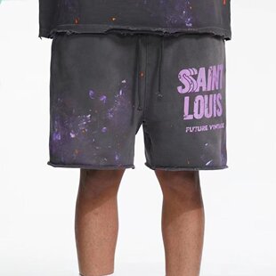 SAINT LOUIS 美式手工做旧紫色脏泼墨漆点破坏休闲五分短裤潮牌