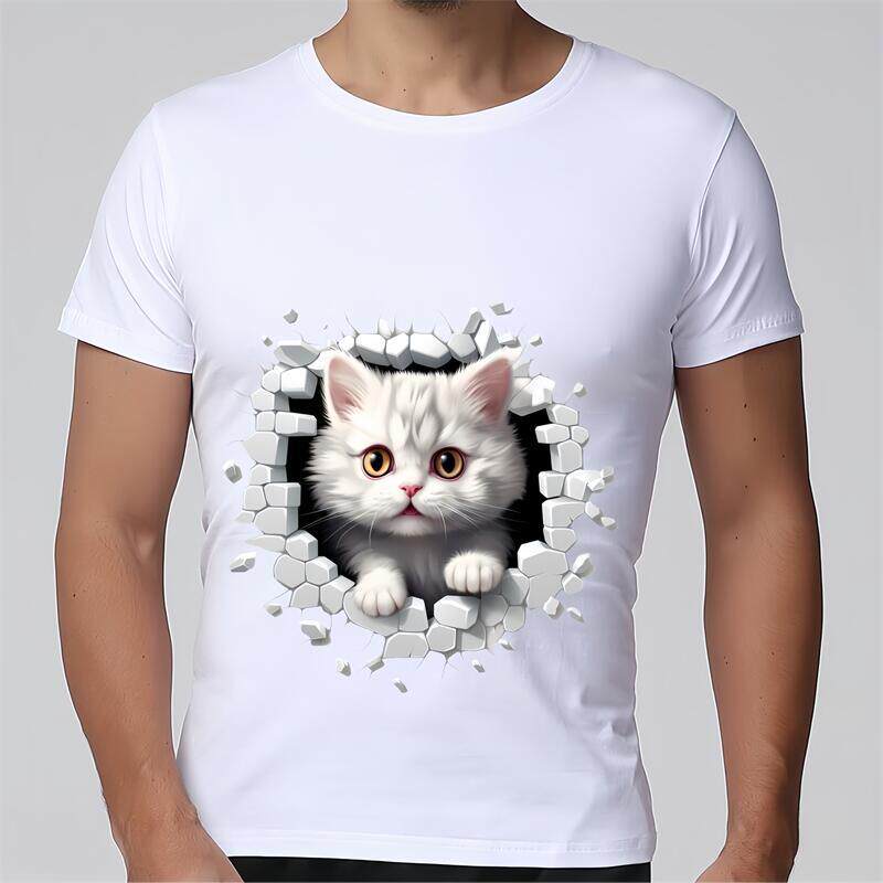 100%纯棉夏装3D立体图破墙猫咪宽松大码男子个性潮流白色短袖T恤