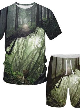 夏季3D立体绿色森林弹力透气宽松加大码冰丝个性短袖裤子套装T恤