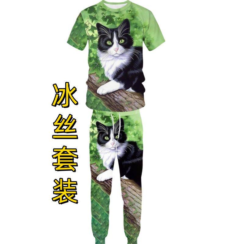 夏季男士3D猫咪流行个性速干高弹透气宽松大码冰丝短袖长裤套装