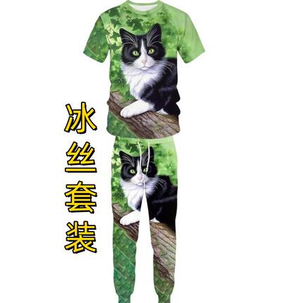 夏季男士3D猫咪流行个性速干高弹透气宽松大码冰丝短袖长裤套装