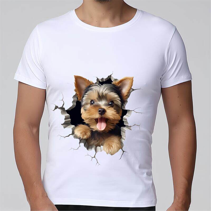 100%纯棉夏装3D立体图破墙小狗宽松大码男子个性潮流白色短袖T恤
