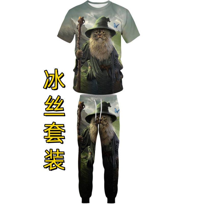 夏季男士3D魔法师猫咪流行个性速干高弹宽松大码冰丝短袖长裤套装