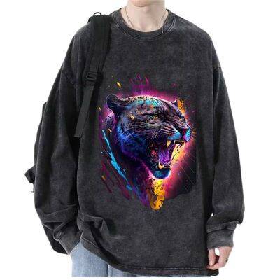 美式春春装男款3D个性怒吼黑豹宽松大码复古做旧水洗纯棉长袖T恤