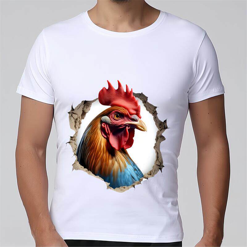 100%纯棉夏装3D立体图破墙公鸡宽松大码男子个性潮流白色短袖T恤