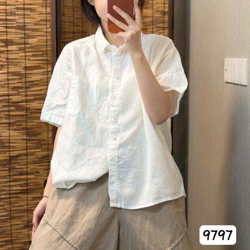 2026新品通勤风亚麻短袖衬衫女夏宽松翻领单排扣纯色减龄显瘦上衣