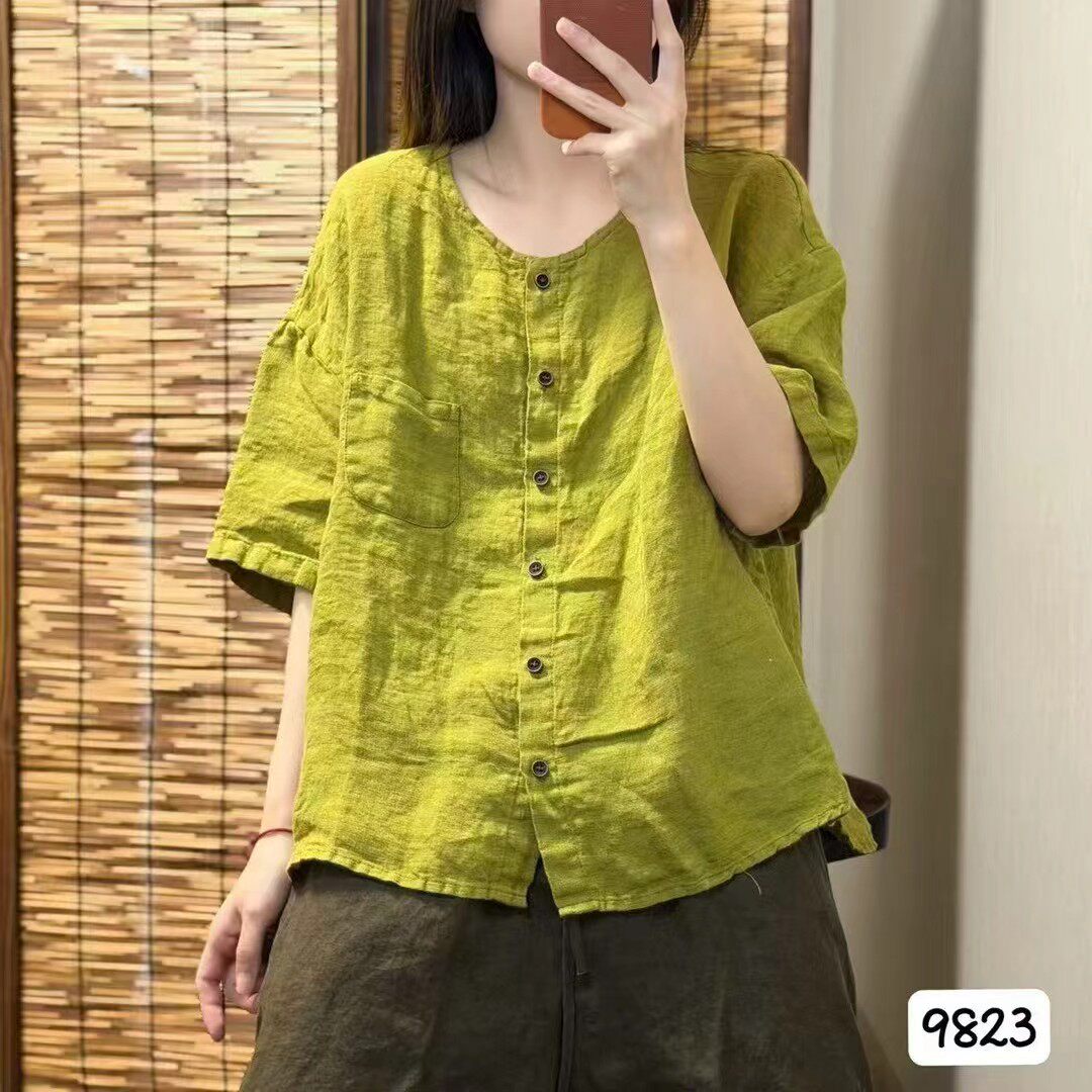 夏季亚麻风短袖宽松显瘦女衬衫