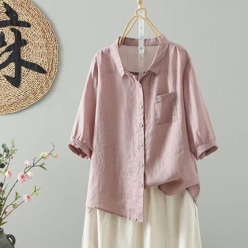 简约夏季苎麻衬衫女士2025显瘦休闲百搭薄款纯色翻领文艺气质上衣