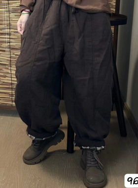 2025秋冬季复古砂洗舒适纯麻哈伦裤女内里色织格纹裤显瘦文艺长裤