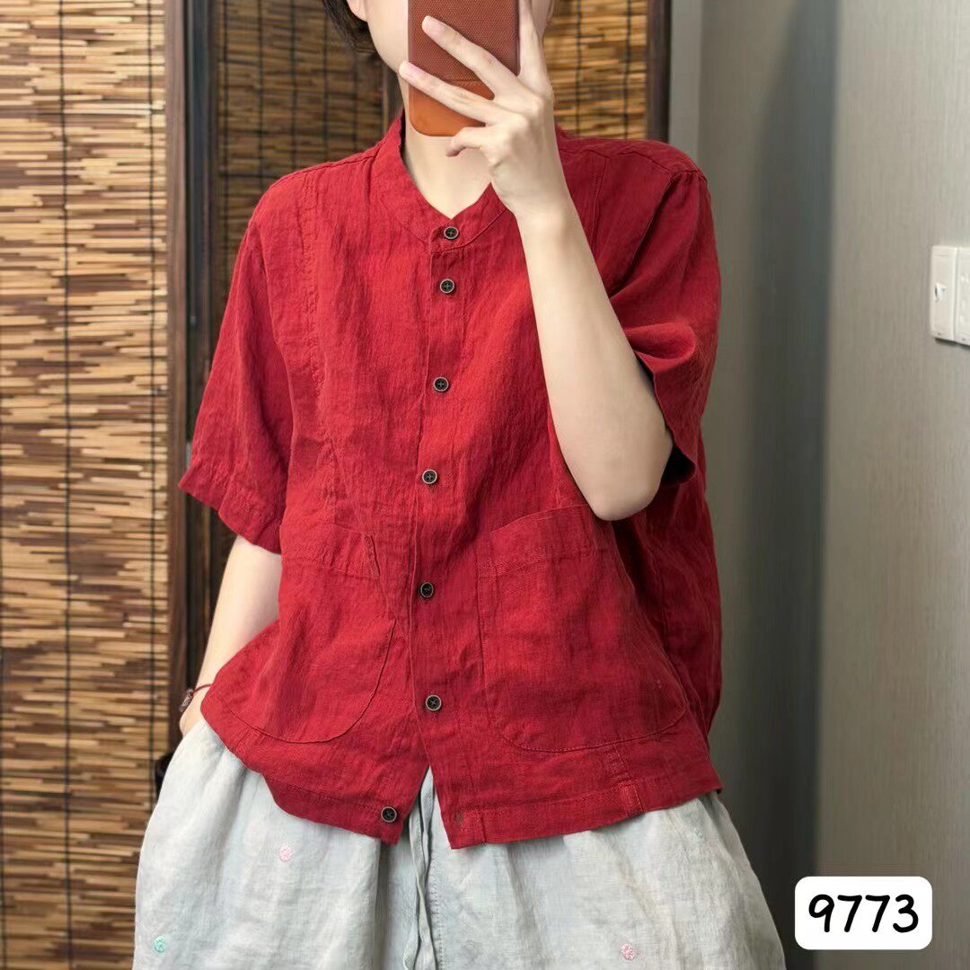 夏季复古亚麻立领短袖女衬衫透气