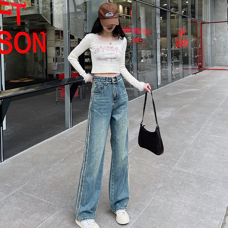 复古显瘦垂感牛仔阔腿裤拖地长裤