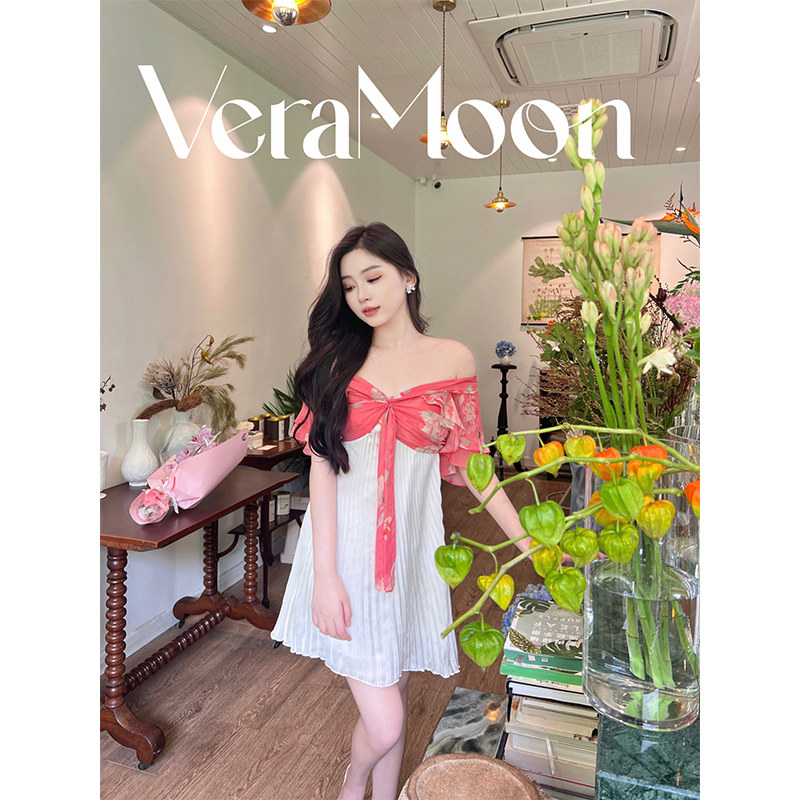 veramoon   游园惊梦  夏季女真丝玫瑰红拼白高定百褶抹胸连衣裙