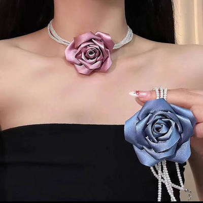 轻奢温柔气质锁骨珍珠项链choker颈链高级感玫瑰花晚宴性感颈链