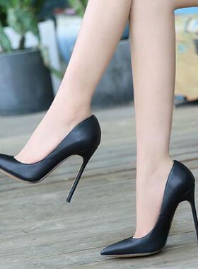 12cm皮面尖头大码夜店恨天高黑色超高跟鞋女细跟单鞋性感时尚10cm