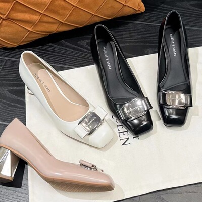 粗跟方头黑色不累脚跟鞋女2024年春季新款法式气质小个子鞋