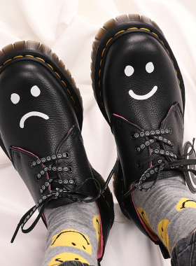 超可爱！鸳鸯笑脸3孔马丁单鞋女Bex中厚底增高软皮低帮马丁靴子