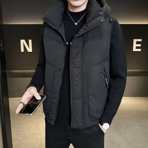 新款羽绒服马甲男士格纹外套2025秋冬季加厚男款马夹坎肩连帽背心