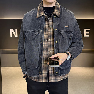 冬装假两件羽绒服男款2025新款帅气百搭拼接格子牛仔外套男士潮流