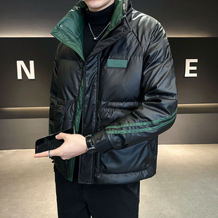 皮羽绒服男立领加厚潮牌冬季2025新款修身短款鸭绒袄子男冬装外套