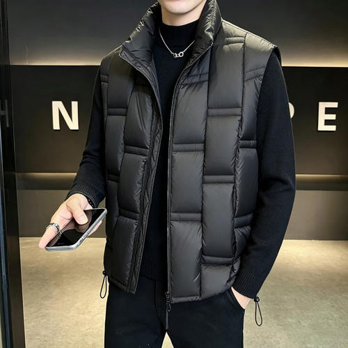 设计感辑格面包服加厚保暖立领90绒白鸭绒羽绒马甲男坎肩马夹外套