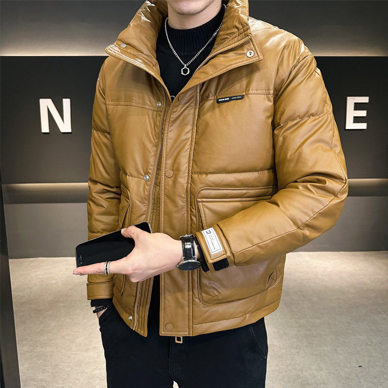 2025冬季新款PU皮羽绒服男白鸭绒外套立领保暖青年时尚防风上衣