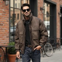 90鸭绒免洗工装皮衣羽绒服男款立领冬季加厚保暖美式宽松防风外套