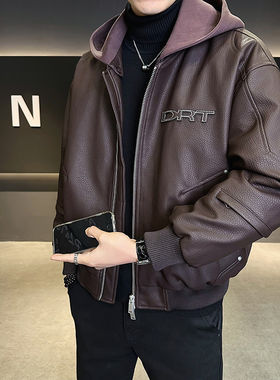 2025冬季新款PU皮连帽羽绒服男潮牌美式短款加厚保暖鸭绒夹克外套